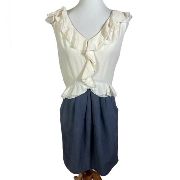Rebecca Taylor Silk and Linen Cream and Slate Blue Fitted Dress Size 6 - Picture 4 of 9